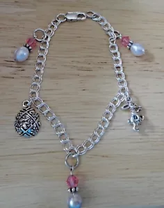 6.75" Sterling Silver 3 Pink FW Pearl Drops Easter Rabbit & Egg Charm Bracelet - Picture 1 of 6