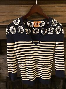 Tory Burch womens navy blue white striped fitted crochet knit sweater size Small