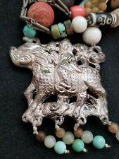 Vintage Chinese Silver Jade Bone Charm Bead Necklace