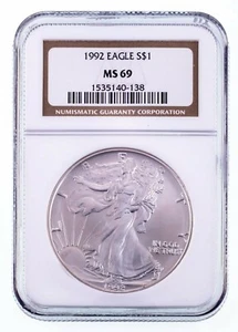 1992 $1 Silver American Eagle Graded by NGC as MS-69 - Picture 1 of 4