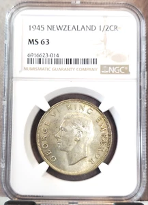 1945 NEW ZEALAND SILVER 1/2 CROWN COAT OF ARMS NGC MS 63 RARE MINT STATE - Picture 1 of 3