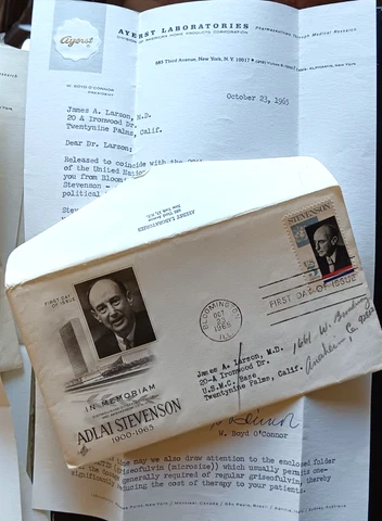 ADLAI STEVENSON MEMORIAL   1965   AYERST VARIETY FDC +ORIGINAL LETTER Cover