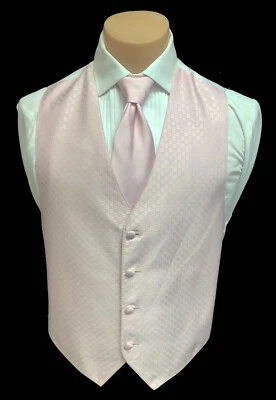 Men's Barassi Light Pink Tuxedo Vest & Tie Bow or Long Groom Wedding Party Prom  - Image 1 of 3