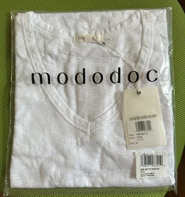 Camiseta para mujer Mod-o-doc blanca manga 3/4 cuello en V con dobladillo curvo talla M Foto 1 de 2