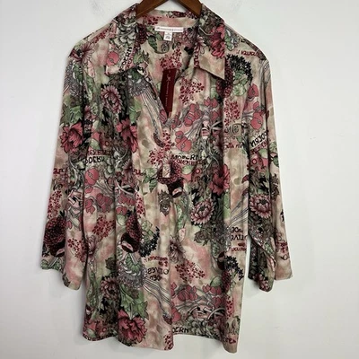 Camiseta de mujer JM Collection talla grande 2X rosa marrón estampado floral manga 3/4 cuello en V Foto 1 de 4