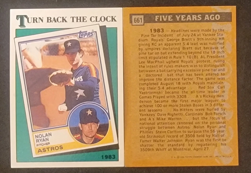 1988 Topps - Turn Back the Clock #661 Nolan Ryan HOF Texas Rangers FREE SHIPPING - Image 1 of 1