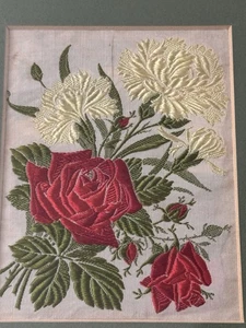 FRAMED SILK PICTURE ROSES & CARNATIONS Kensitas Flowers Postcard vintage 1930s - Picture 1 of 2
