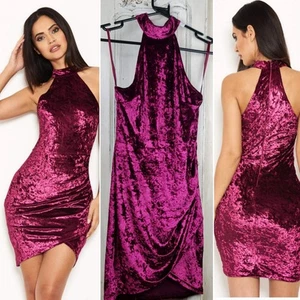 AX Paris Plum Velvet Ruched Midi Dress Size Uk 8 halter neck Pink Short Dress - Picture 1 of 13