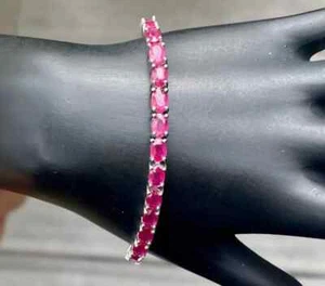 12Ct Oval Cut Lab Created Red Ruby Women's Tennis Bracelet 14k White Gold Plated - Picture 1 of 11
