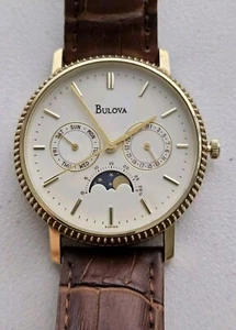 Rare Vintage 14K Yellow Gold Bulova Moonphase Day / Date Watch With Original Box - Picture 1 of 23