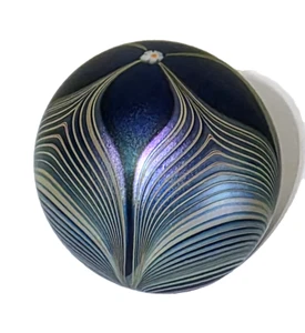 Vtg OKRA Paperweight Art Glass Draped Flower Iridescent Purple Blue Tan England - Picture 1 of 7