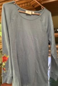 Quacker Factory L Damen Pullover blau Oberteil Rose Stickerei Ärmel mit, Strass - Bild 1 von 2