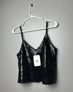Elodie M Black Sequin Lined V-Neck Adjustable Strap Crop Camisole Tank Top - Picture 1 of 4