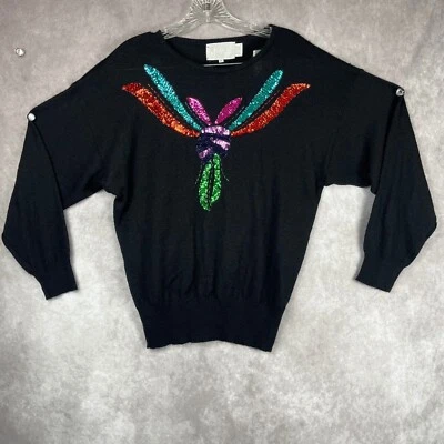 Vintage Sequin Sweater Wms XL Rainbow Embellished Sweater Knit Top Black XL - Image 1 of 4