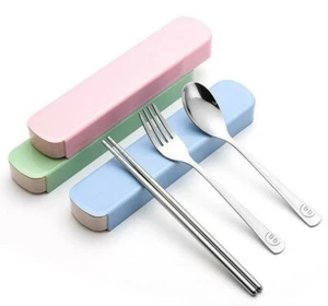 Dinnerware Set Flatware Set Stainless Steel Fork Spoon Chopsticks w/Travel Case - Picture 1 of 7