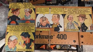 Alka-Seltzer Pharmacy Cartoon Advertising Hand Fans 1930's George W. French - Picture 1 of 6