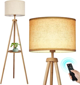Lampada Da Terra Treppiede in Legno Solido, Piantana Da Salotto Con Telecomando, - Foto 1 di 12