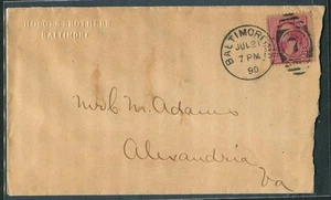 1890 Baltimore MD Hodges Bros geprägter Brief nach Alexandria VA 2c Vorstempelrückseiten - Bild 1 von 2