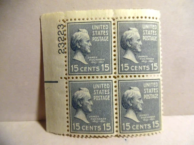 SCOTT STAMP # 820 JAMES BUCHANAN 15 CENT PLATE BLOCK - LIGHT HINGE MARK - Image 1 of 2