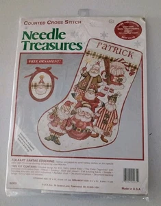 Vintage ago tesori Folkart Babbo Natale calza punto croce kit #02935 NOS - Foto 1 di 4