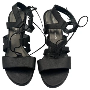 Stuart Weitzman Tiegirlbingo Lace Up Strappy Leather Block Heel Sandal Black 6.5 - Picture 1 of 6