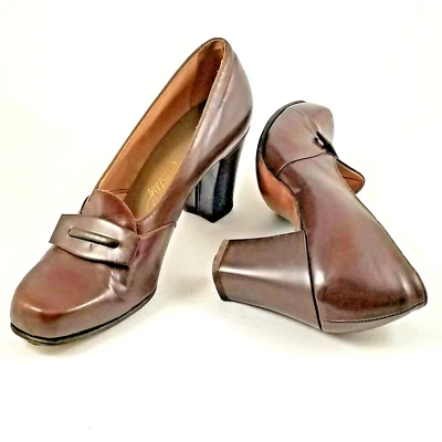 Brown Leather Vtg  Pumps 7.5 N 40s Pin Up Bombshell Rockabilly 3" Block Heel Foto 1 de 4