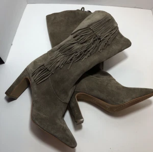NEW - Vince Camuto Mid Calf Fringed Leather Suede Gray Boots sz 9.5 Block Heels - Picture 1 of 8