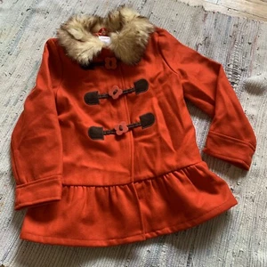 Gymboree Jacket Girls 5/6 Zip Toggle Velvety Cotton Coat Orange Faux Fur Collar - Picture 1 of 5