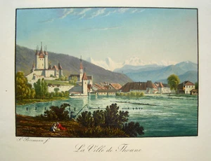 Thun Thoune Lake Thun Switzerland Old Coloured Genuine Old Aquatint 1840 Birmann - Picture 1 of 1