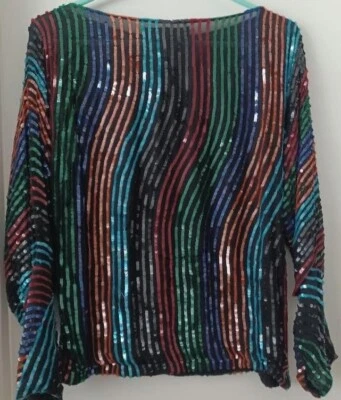 VINTAGE RETRO DISCO JUDITH ANN CREATIONS INC. SILK SEQUIN RAINBOW BLOUSE TOP M - Image 1 of 4