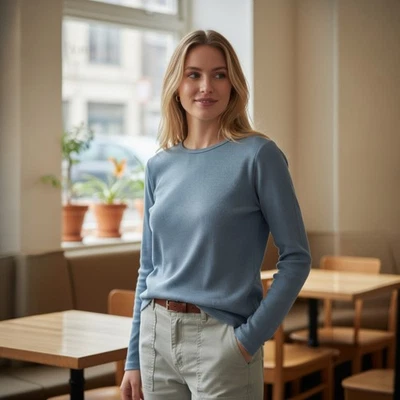 Suéter Manga Larga Basic Editions Para Mujer M Azul Polvoriento Metálico Cuello Redondo Foto 1 de 4