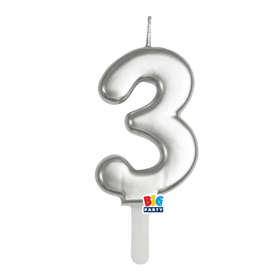 CANDELA numero 3 Tre ARGENTO Metal - Tiny Plump - candelina in cera per torta - Immagine 1 di 1