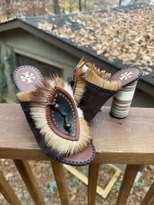 TORY BURCH Phoenix Fur Feather Stacked Heel Mules Sz 6.5 - Picture 1 of 10