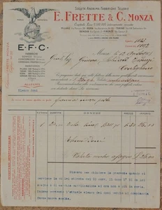 FATTURA E. FRETTE & C. MONZA 12 AGOSTO 1908 TESSUTI FABRICS BIANCHERIA LAUNDRY - Foto 1 di 1