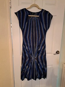 Klass Size L Blue Black Beige Stripe Pleated Stretch Dress. Knee Length - Picture 1 of 6