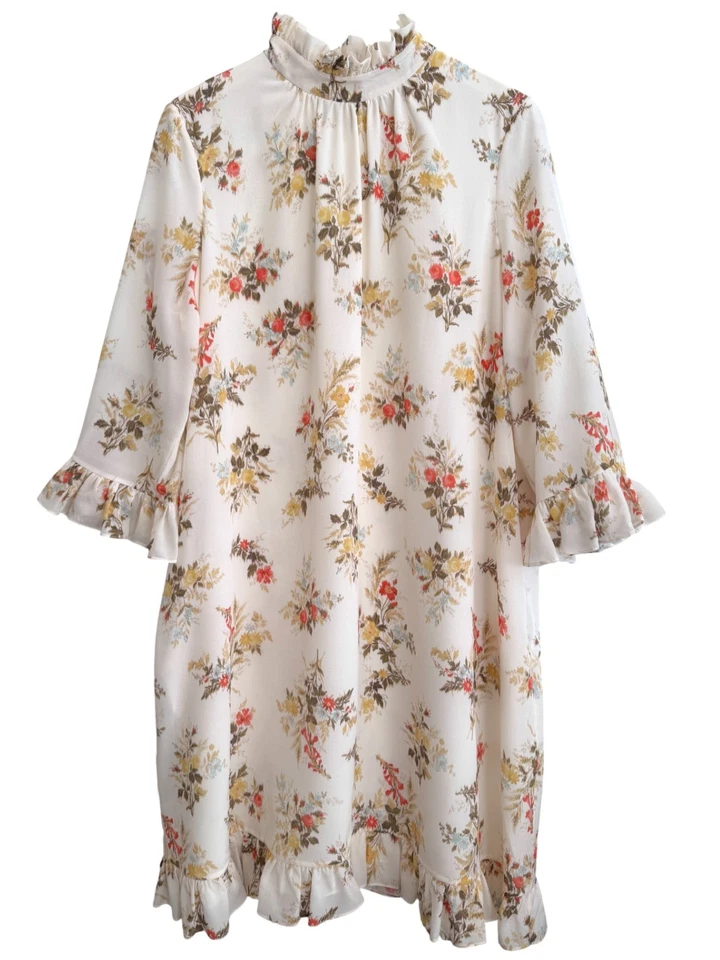 Erdem Carrington Silk Dress Floral Print Ruffle Mock-Neck Mini Size US 12 Large - Image 1 of 4