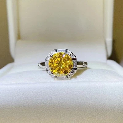 1/2ct Real Round Yellow Moissanite Ring Engagement Band 925 Sterling Silver GRA - Image 1 of 4