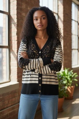 Cárdigan Suéter Tory Burch Lana Pequeño Leopardo Rayas Gradiente Botón Delantero Foto 1 de 4