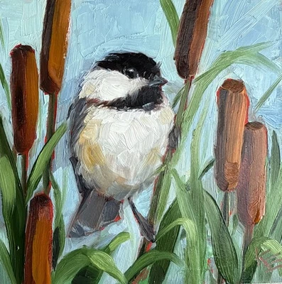Pintura Original Chickadee Bullrush Sobre Panel 6 X 6 Pulgadas Arte Pájaro Krista Eaton Foto 1 de 4