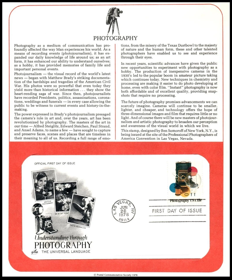 1978 Photography 15c Sc 1758 FDC PCS page camera film visual communication - Image 1 of 1