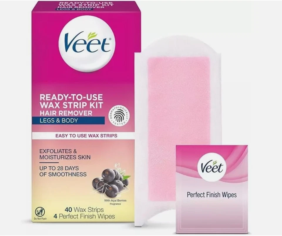 2x Veet Ready To Use Wax Strip Kit - For Body Hair Removal - 40 strips/4 wipes - Image 1 of 1