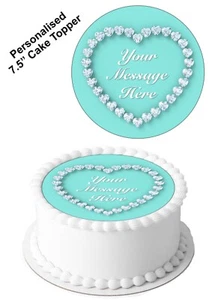 PERSONALISED Cake Topper Diamond Heart Blue Edible Icing  7-8" Circle Decoration - Picture 1 of 9