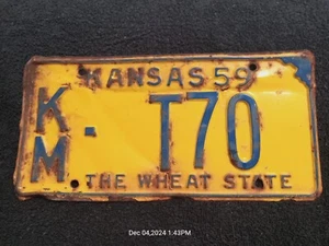 1959 Kansas License Plate Tag -  KM-T70 KINGMAN County - "THE WHEAT STATE" - Picture 1 of 2