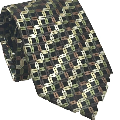 Bergamo New York Necktie Tie Mens Green Brown Geometric Executive  X-Long New - Image 1 of 4