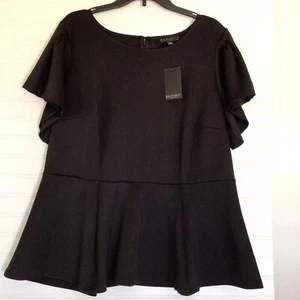 Eloquii 18 Black Power Blouse Top Solid Black Pleated Short Sleeve Peplum Waist - Picture 1 of 8