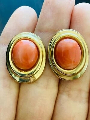 Pendientes vintage de oro 14k ovalados con poste de coral Foto 1 de 4