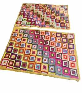 2 VTG Boho Retro Granny Square Cross Stitch Place Mats OOAK Handmade Colorful - Picture 1 of 5