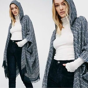 Vintage Free People Hooded Kimono Cardigan Poncho Fringe Bohemian Witchy OS - Picture 1 of 9