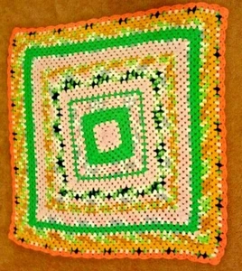 Vintage Granny Hand Knit Crocheted Baby Blanket Bright Multi Color 34" x 32" - Picture 1 of 4