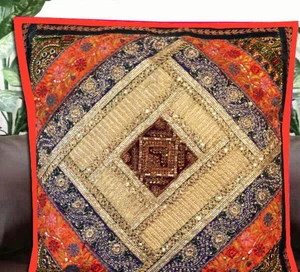 24" ETHNIC ART DÉCOR HUGE SARI BEADS MOTI THROW FLOOR BED CUSHION PILLOW COVER - Picture 1 of 8